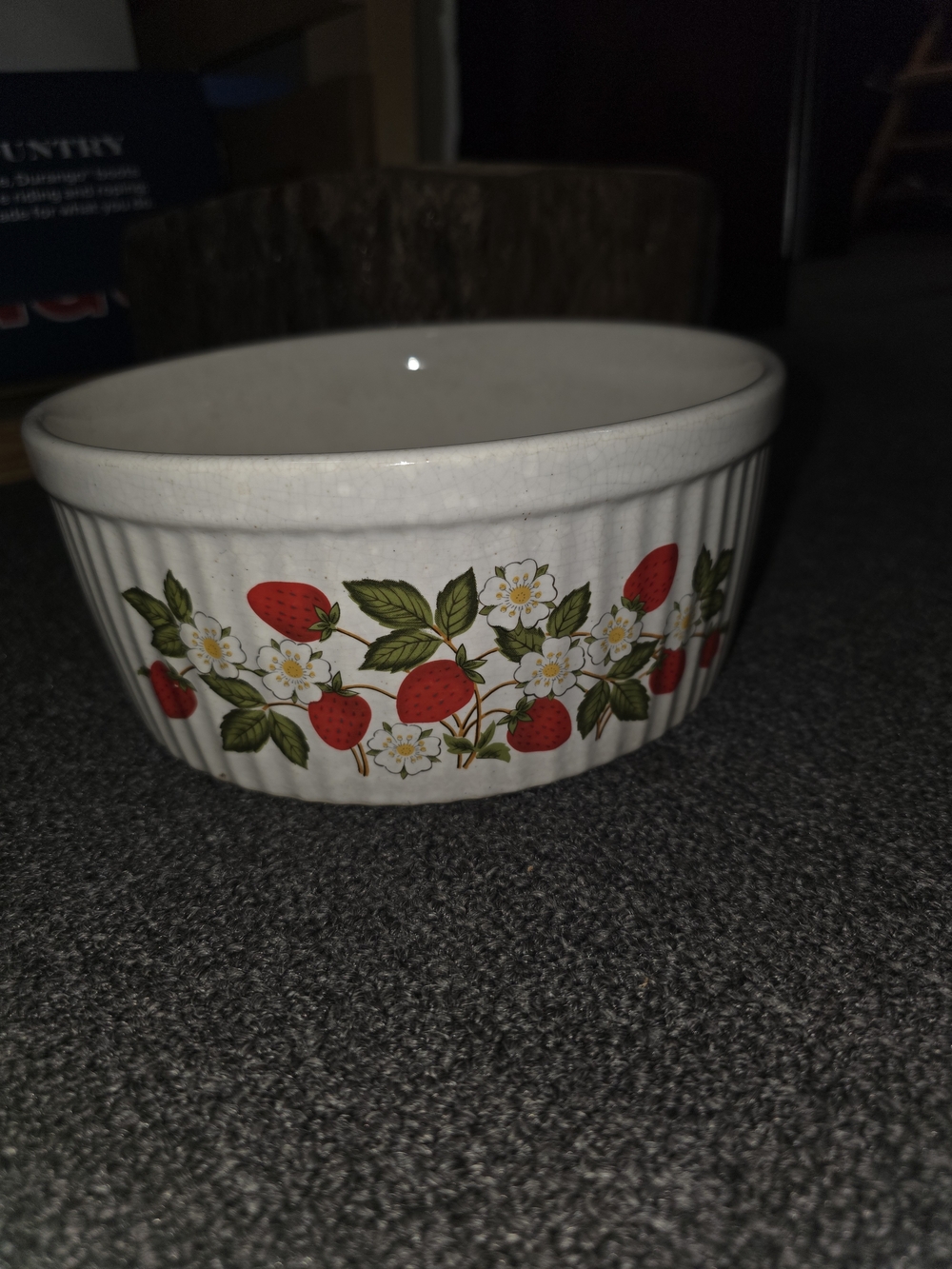 White Ceramic Strawberries And Crean Pattern Serving Bowl